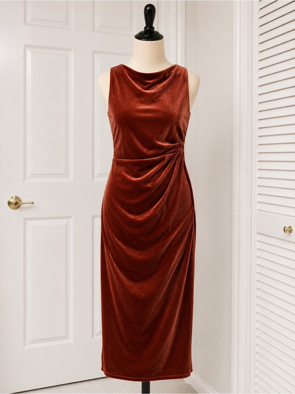 Donna Morgan Rust Velvet Draped Midi Dress